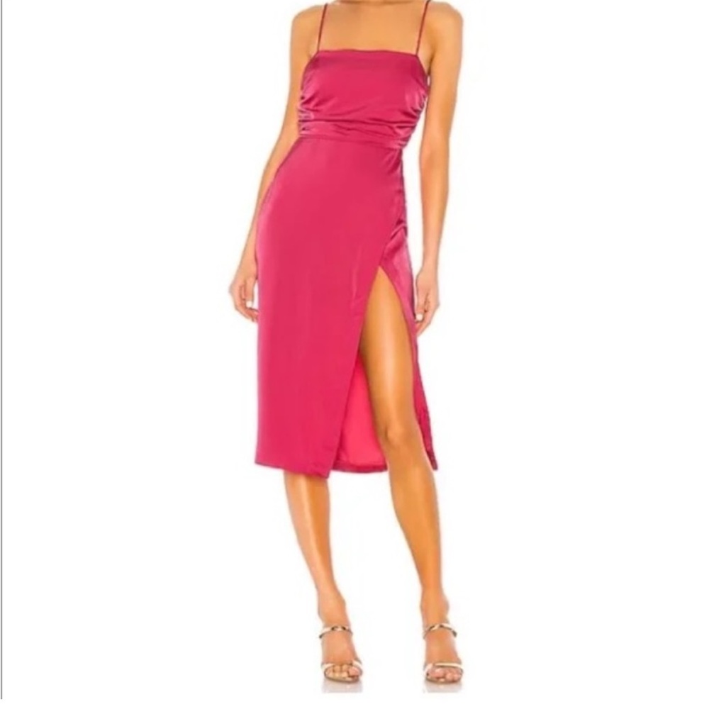 NBD Revolve spaghetti strap side slit midi dress in pink.